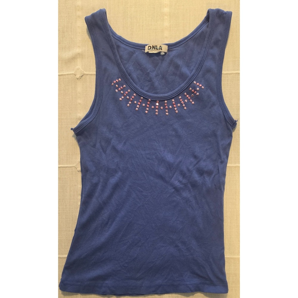 DNLA Blue Rhinestone Embellished Ribbed Tank Top Y2K Sleeveless Scoop Neck